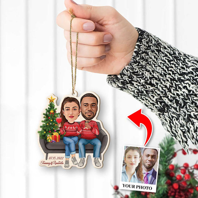 Face From Photo, Gift For Couple, Christmas Couch, Shape Ornament 2 Sides