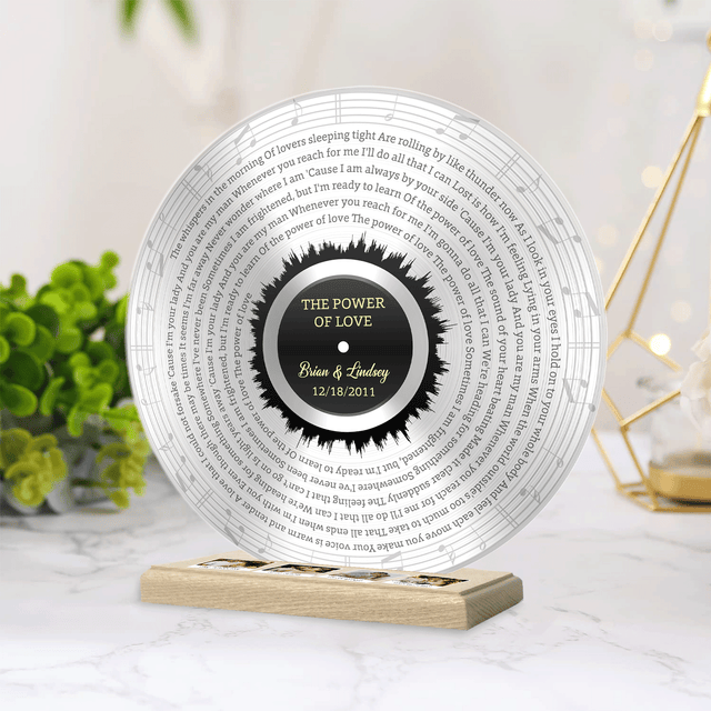 Custom Song Lyrics, 4 Photos Wooden Stand, Silver Acrylic Record