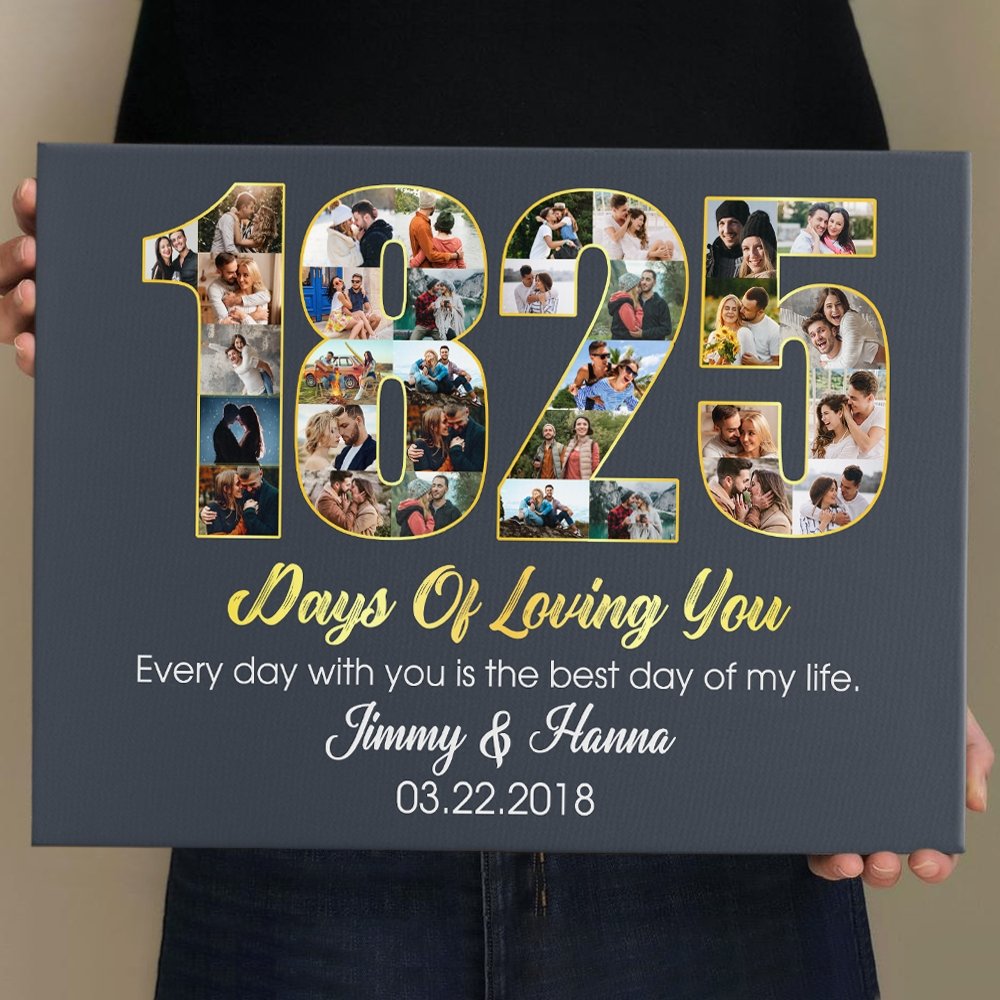 5th Wedding Anniversary 1825 Days Of Loving You Custom Photo Collage And Text Navy Background Canvas
