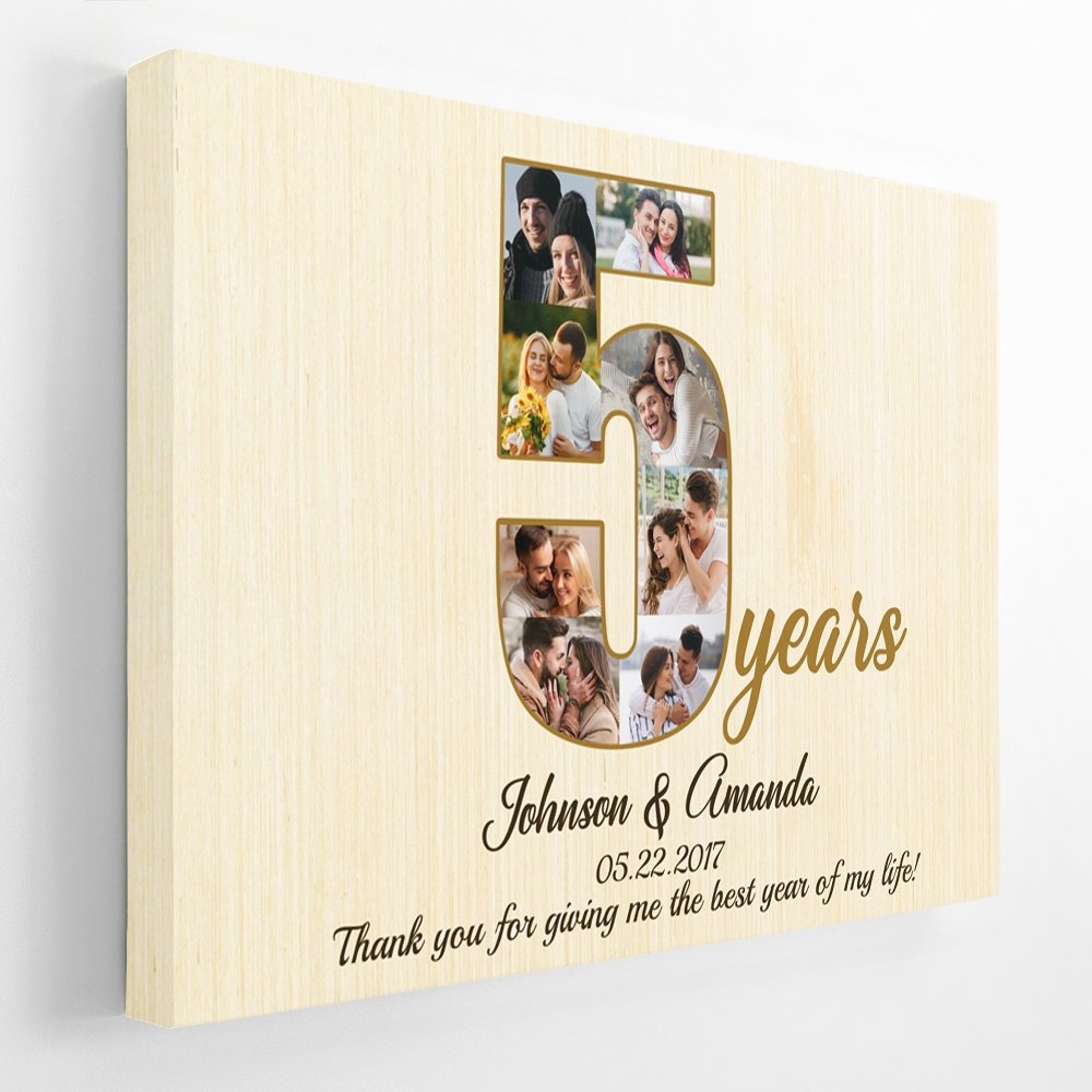 5th Wedding Anniversary Custom Photo Collage Light Wood Background Canvas