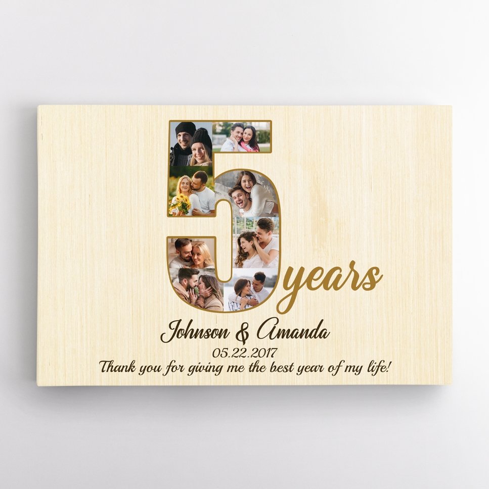 5th Wedding Anniversary Custom Photo Collage Light Wood Background Canvas