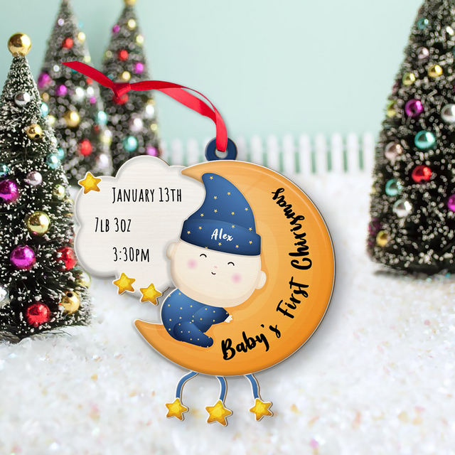 Personalized Name And Text, Ornament For Baby, Baby's First Christmas, Baby Hug Moon, Christmas Shape Ornament 2 Sides