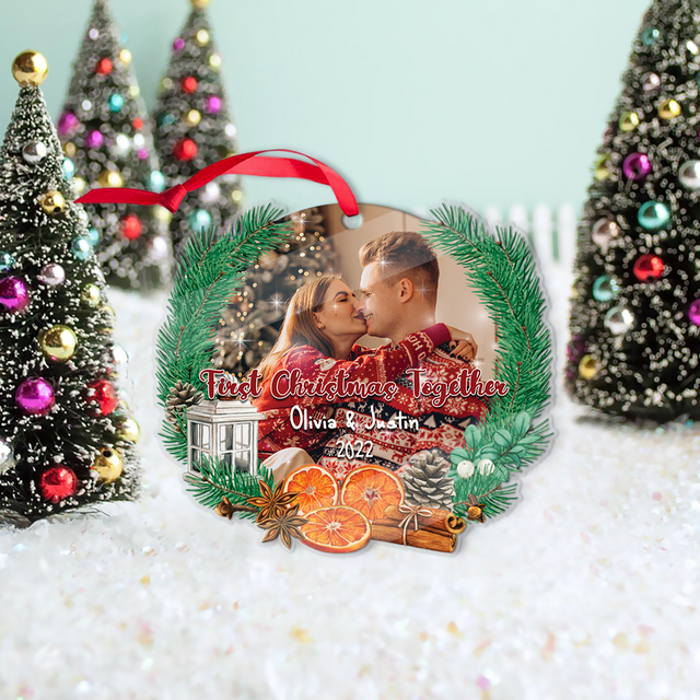 Personalized Name And Photo, First Christmas Together, Pine Tree, Christmas Circle Ornament 2 Sided