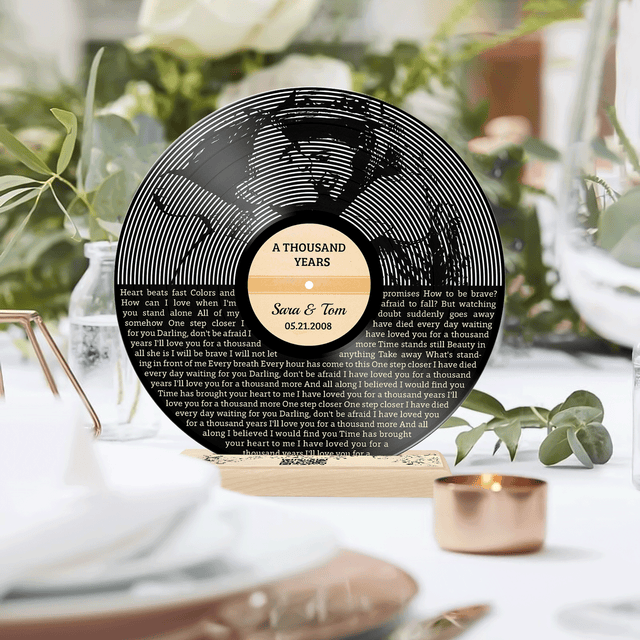 Custom Song Lyrics, B&W QR Wooden Stand, Acrylic Record