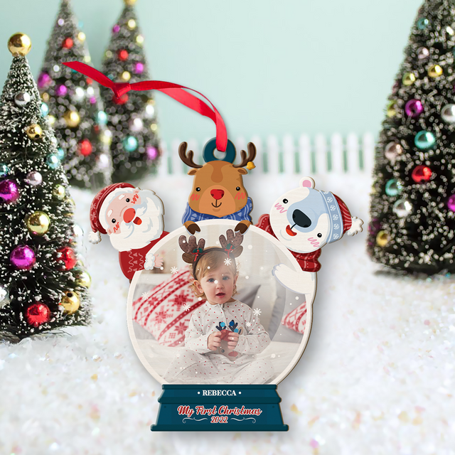 Custom Photo, Personalized Name And Text, Ornament For Baby, Baby's First Christmas, Bear & Santa Claus, Christmas Shape Ornament 2 Sides