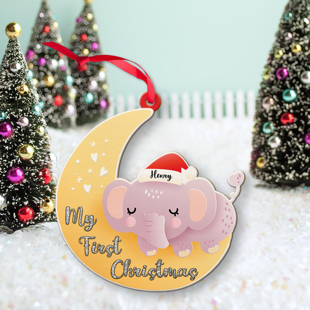 Personalized Name And Text, Ornament For Baby, Baby's First Christmas, Elephant Hug Moon, Christmas Shape Ornament 2 Sides