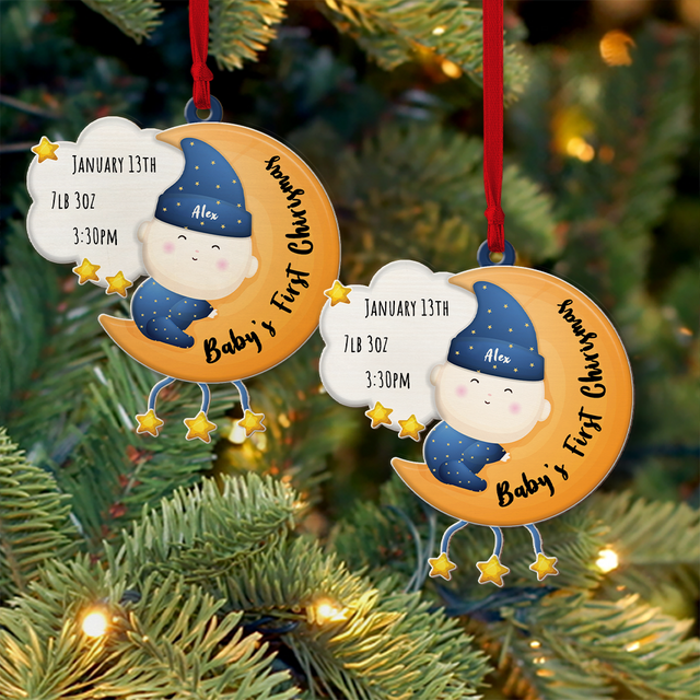 Personalized Name And Text, Ornament For Baby, Baby's First Christmas, Baby Hug Moon, Christmas Shape Ornament 2 Sides