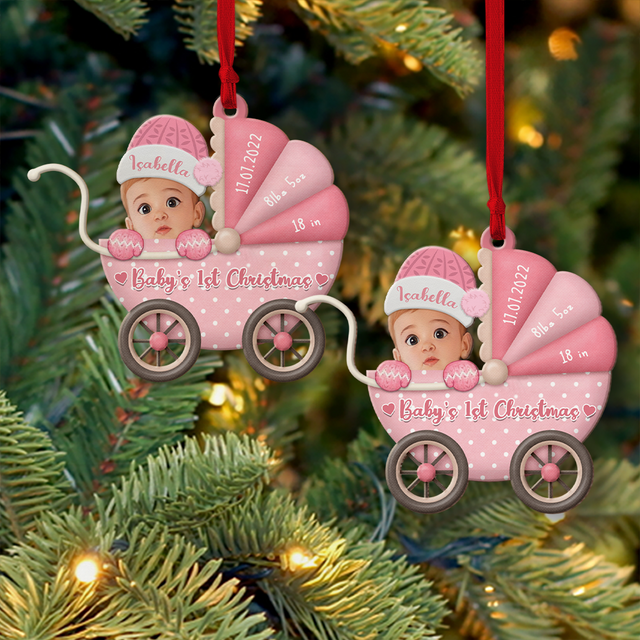 Custom Photo, Personalized Name And Text, Ornament For Baby, Baby's First Christmas, Baby Strollers, Christmas Shape Ornament 2 Sides
