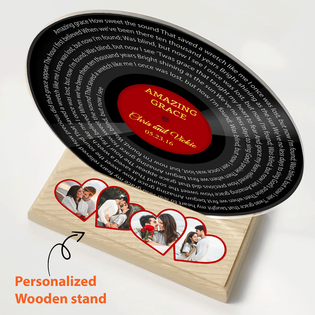 Custom Song Lyrics, 4 Heart Photos Wooden Stand, Acrylic Record