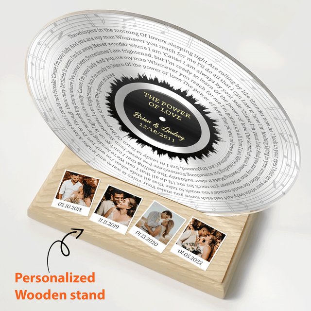 Custom Song Lyrics, 4 Photos Wooden Stand, Silver Acrylic Record