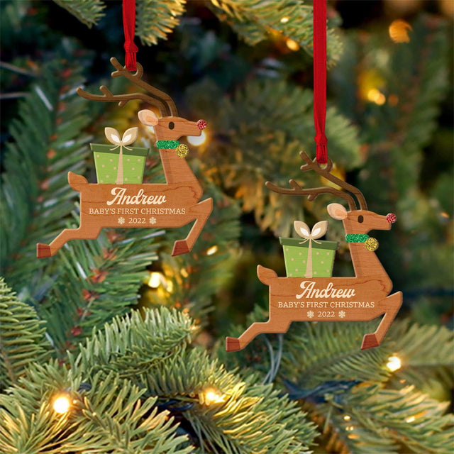 Personalized Name And Photo, Ornament For Baby, Baby's First Christmas, Reindeer, Christmas Shape Ornament 2 Sides