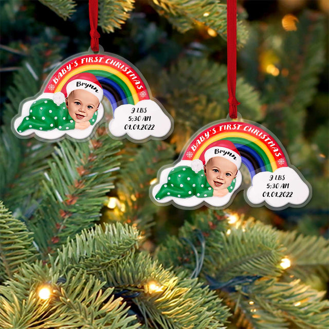 Personalized Name And Text, Ornament For Baby, Baby's First Christmas, Christmas Rainbow, Christmas Shape Ornament 2 Sides