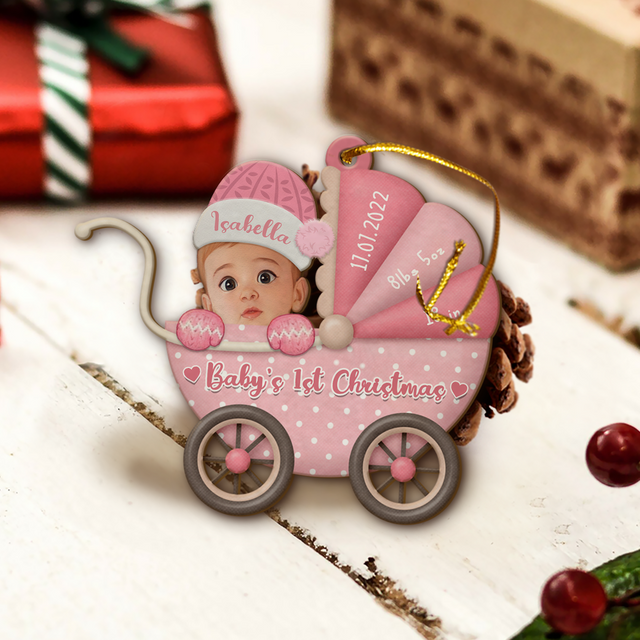 Custom Photo, Personalized Name And Text, Ornament For Baby, Baby's First Christmas, Baby Strollers, Christmas Shape Ornament 2 Sides