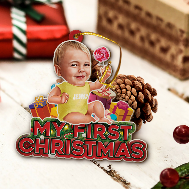 Custom Photo, Personalized Name And Text, Ornament For Baby, Baby's First Christmas, Candy & Gift Box, Christmas Shape Ornament 2 Sides