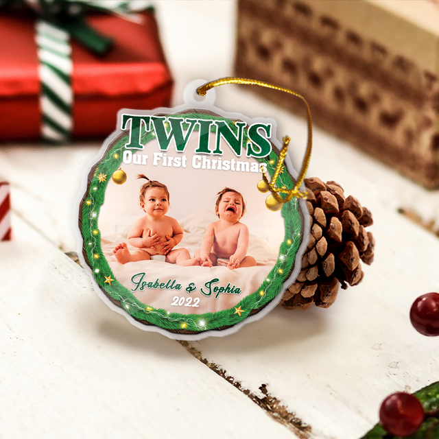 Personalized Name And Photo, Baby's First Christmas, Twins, Our First Christmas, Christmas Circle Ornament 2 Sided