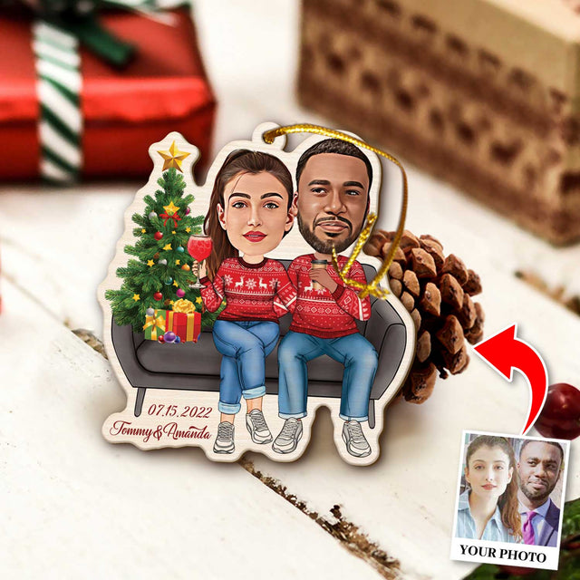 Face From Photo, Gift For Couple, Christmas Couch, Shape Ornament 2 Sides