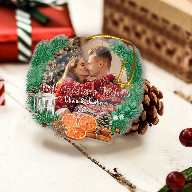 Personalized Name And Photo, First Christmas Together, Pine Tree, Christmas Circle Ornament 2 Sided