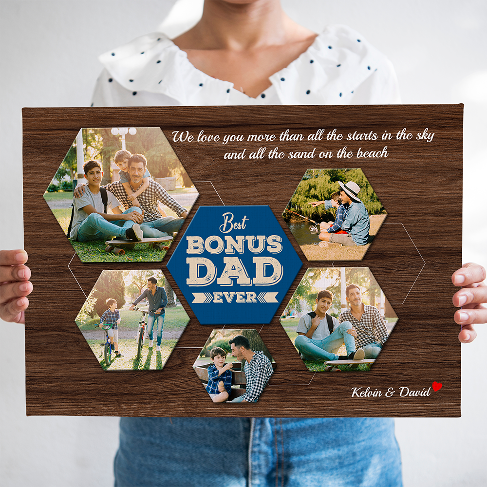 Best Bonus Dad Ever Custom Photo Collage - Personalized Dark Wood Background Canvas