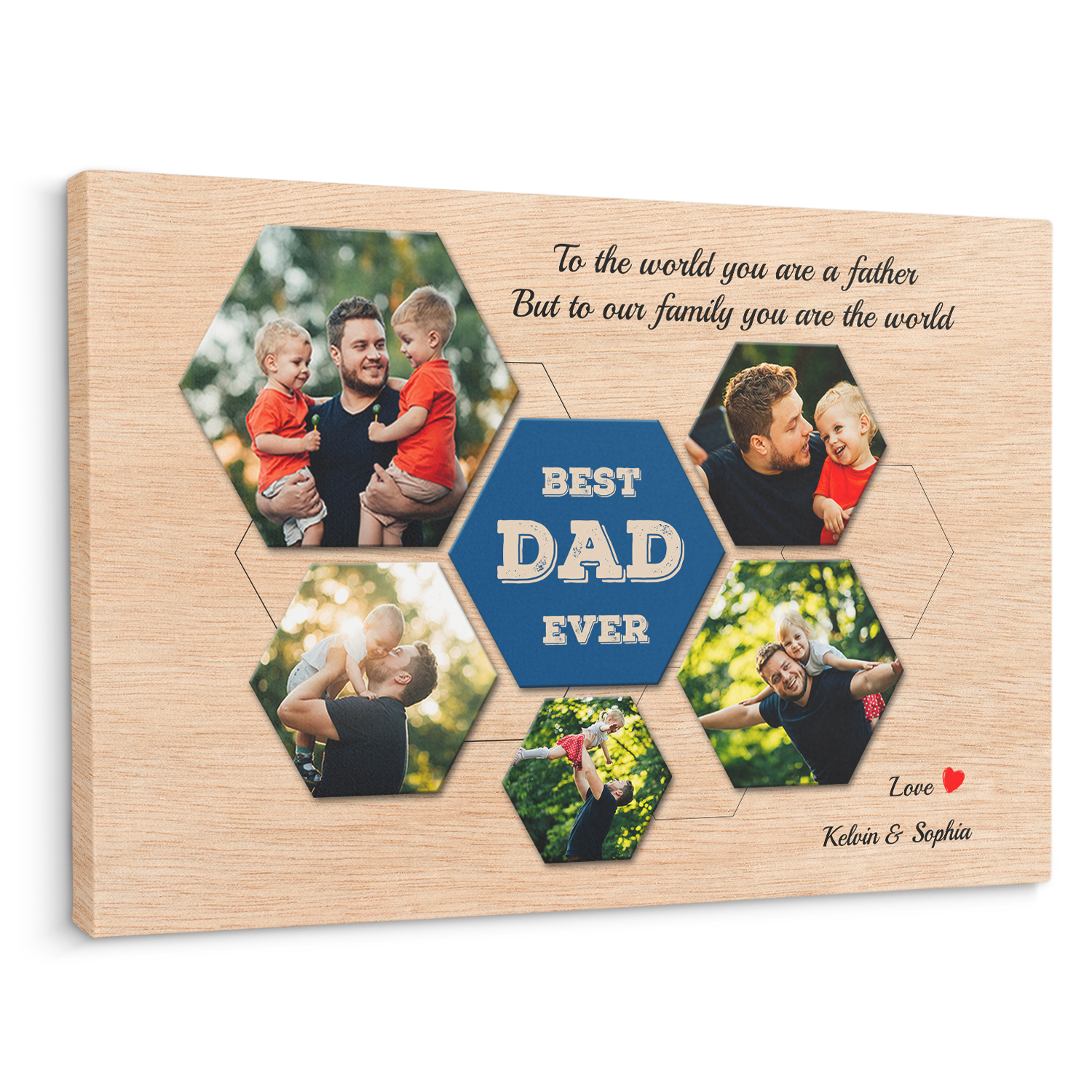 Best Dad Ever Custom Photo Collage - Customizable Light Wood Background Canvas