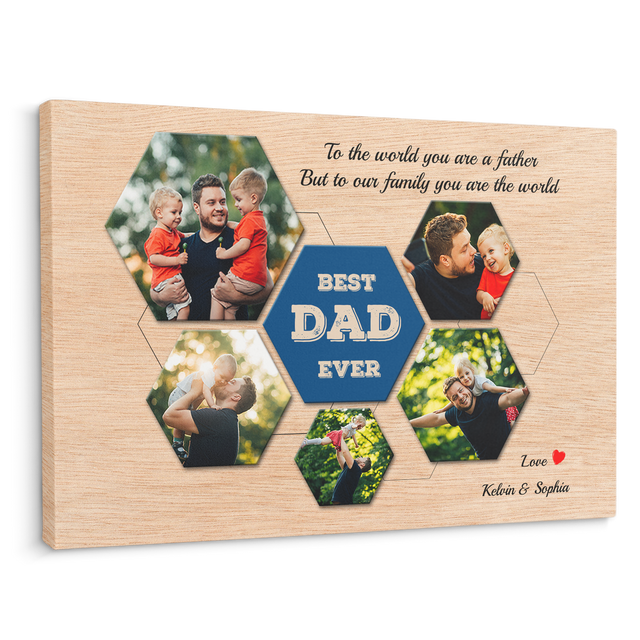 Best Dad Ever Custom Photo Collage - Customizable Light Wood Background Canvas