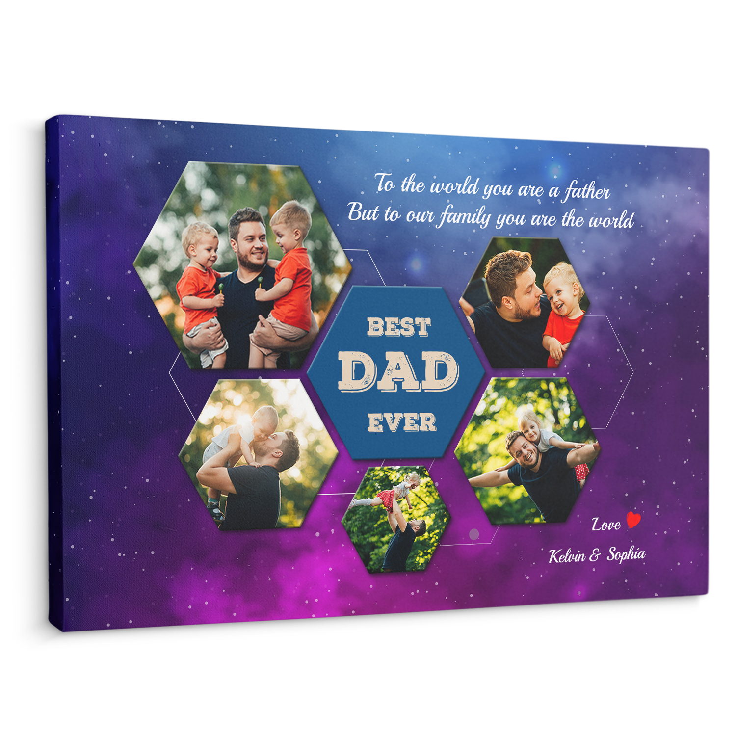 Best Dad Ever Custom Photo Collage - Customizable Galaxy Background Canvas