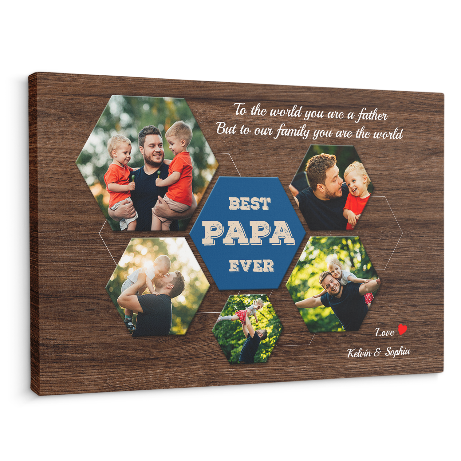 Best PAPA Ever Custom Photo Collage - Customizable Dark Wood Background Canvas