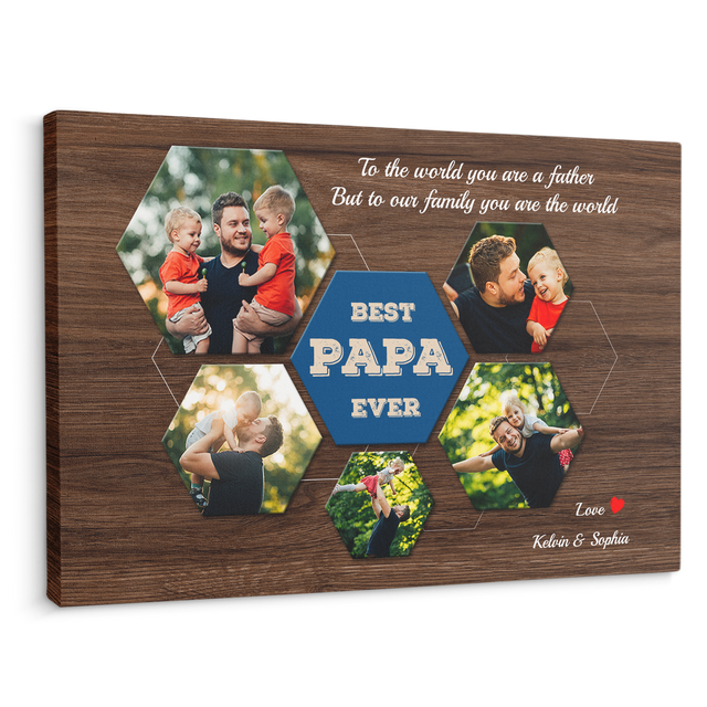 Best PAPA Ever Custom Photo Collage - Customizable Dark Wood Background Canvas