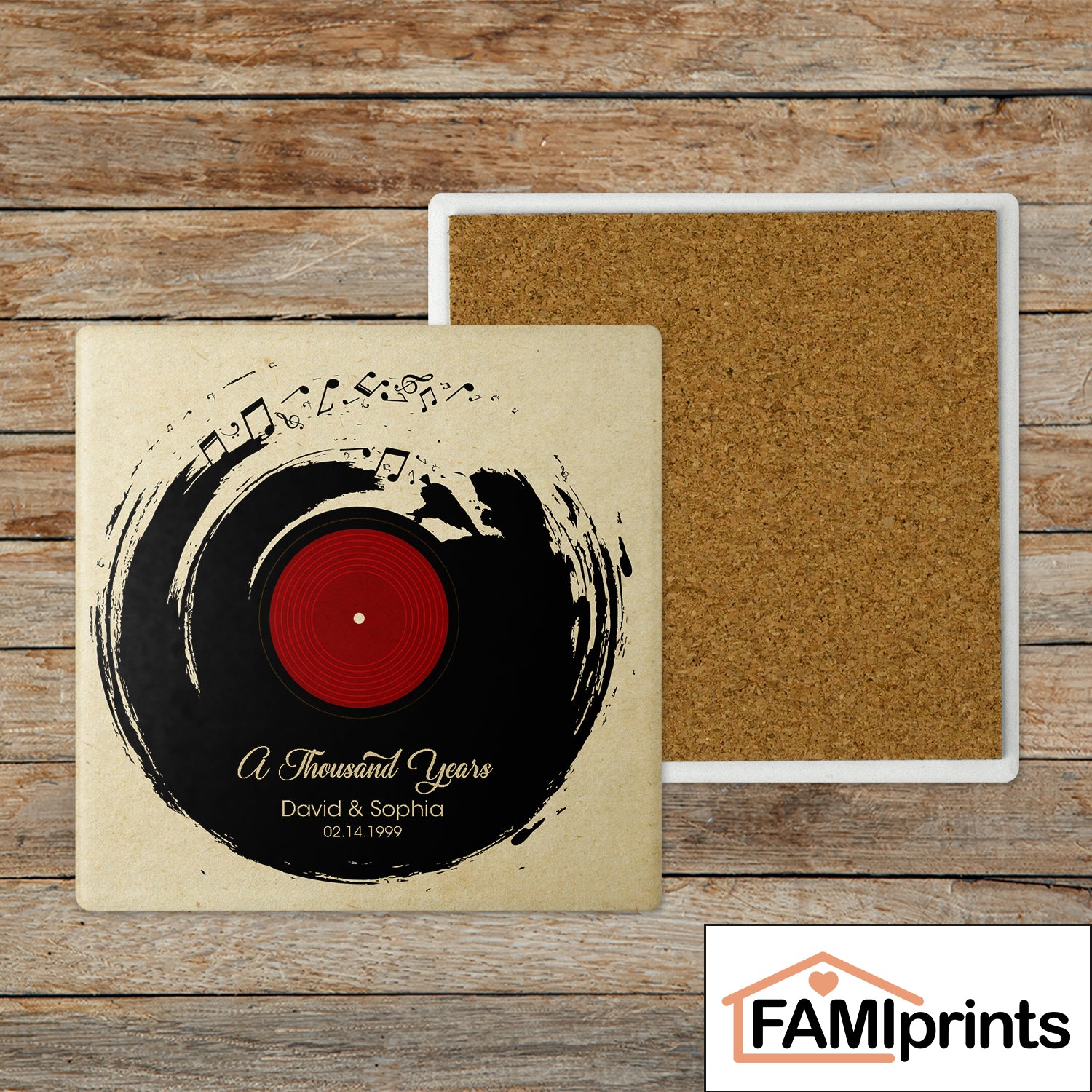 Custom Stone Coasters, Set Of 4, Black Vinyl Record, Custom Text And Song Name