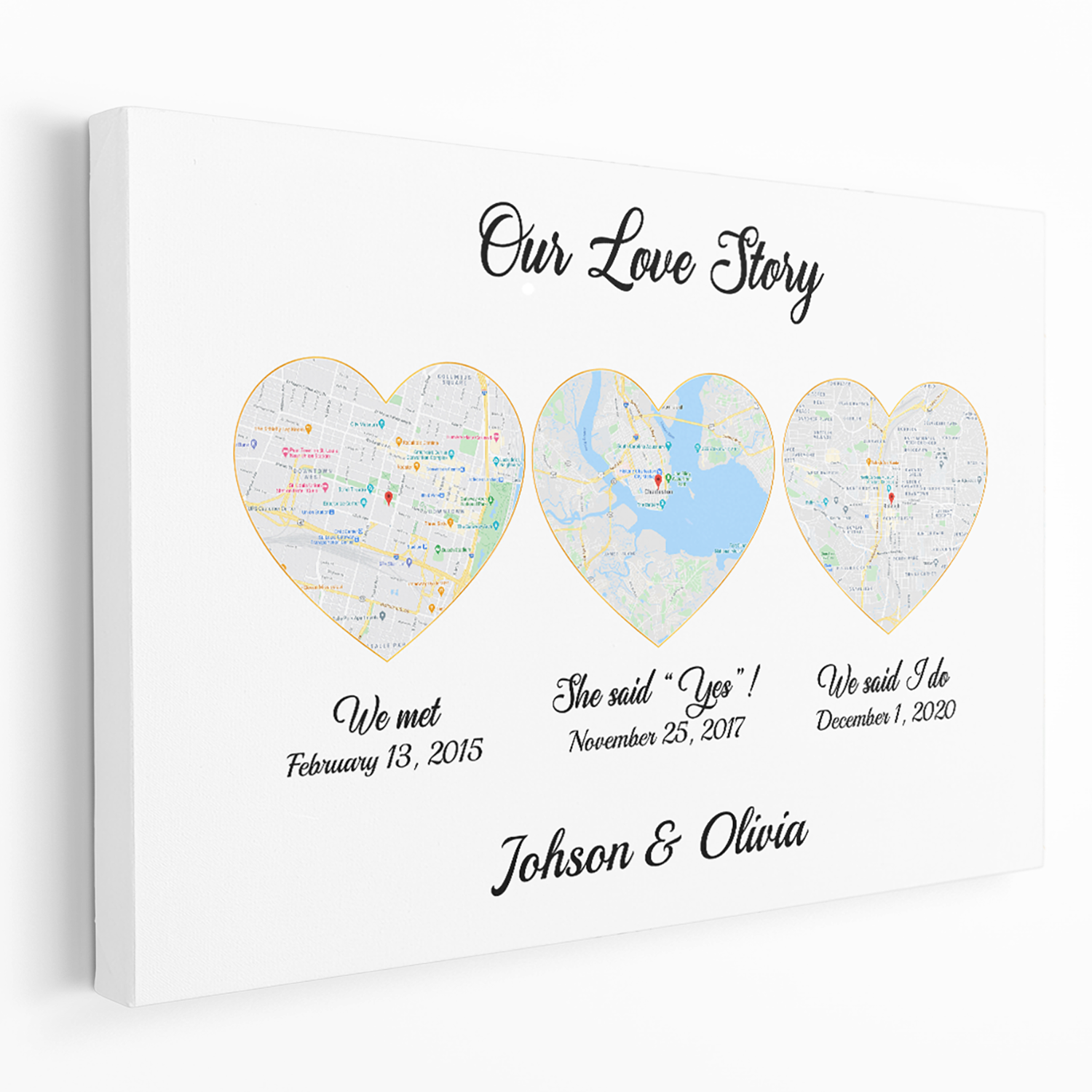 Our Love Story We Met She Said Yes We Said I Do Custom Map Print Canvas White Background