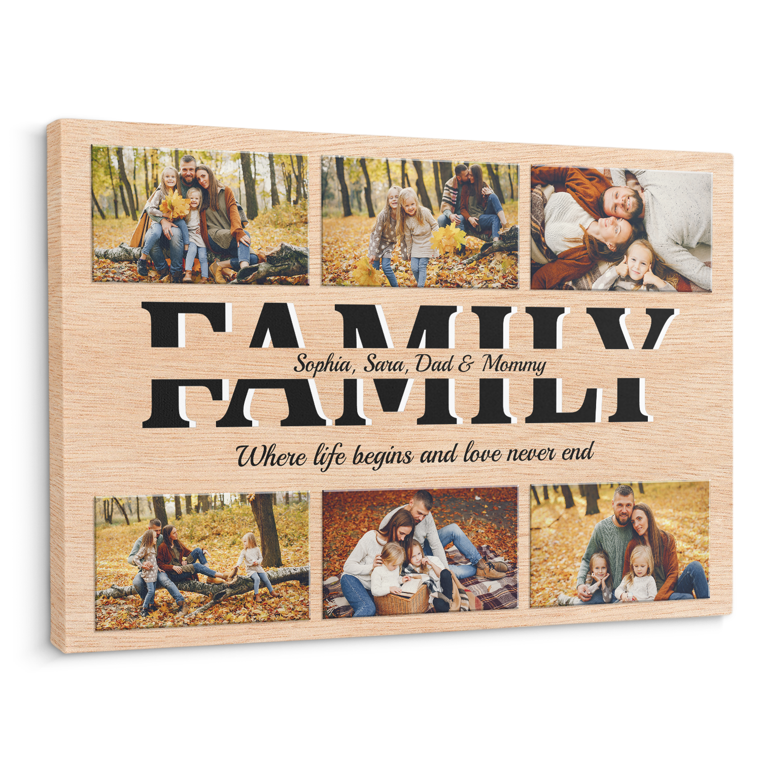 Family Custom Text and Photo - Customizable Light Wood Background Canvas
