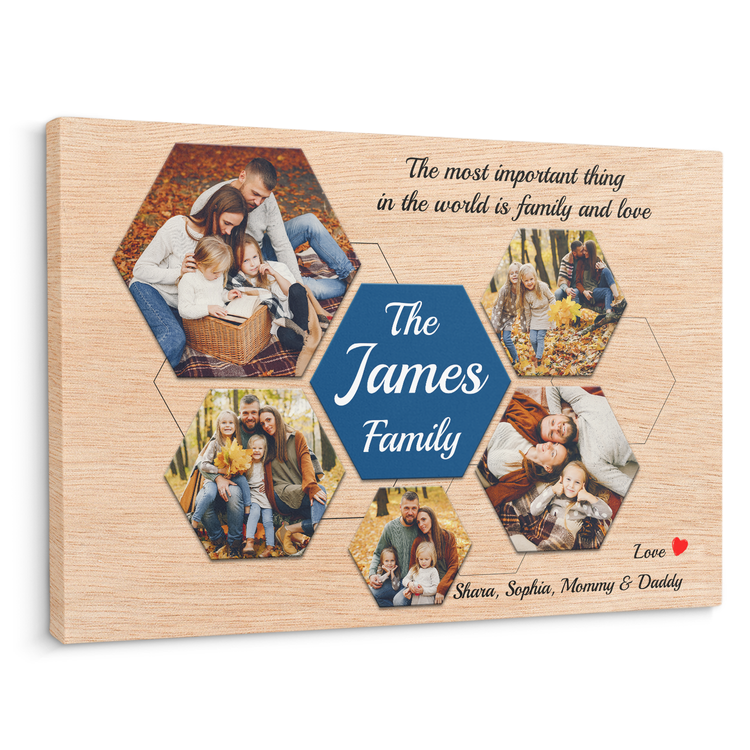 Family Custom Photo Collage - Customizable Light Wood Background Canvas