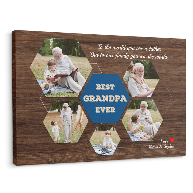 Best Grandpa Ever Custom Photo Collage - Customizable Dark Wood Style Background Canvas