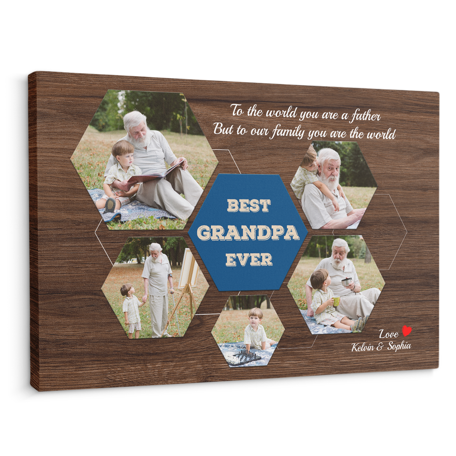 Best Grandpa Ever Custom Photo Collage - Customizable Dark Wood Style Background Canvas