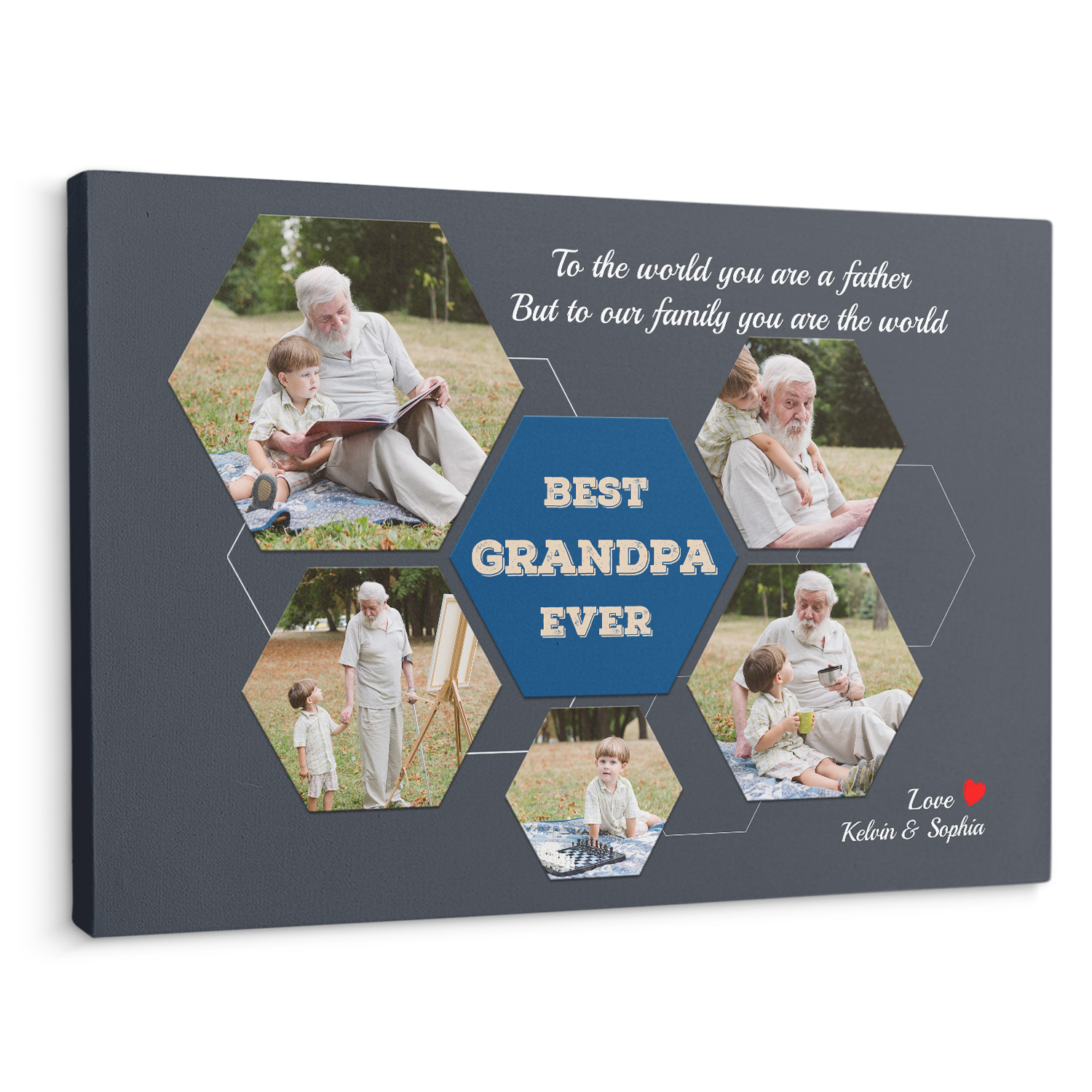 Best Grandpa Ever Custom Photo Collage - Customizable Navy Vintage Style Background Canvas