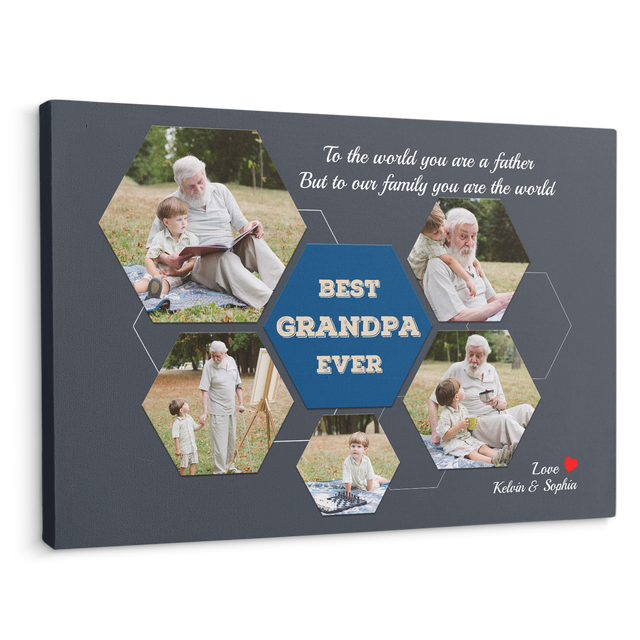 Best Grandpa Ever Custom Photo Collage - Customizable Navy Vintage Style Background Canvas