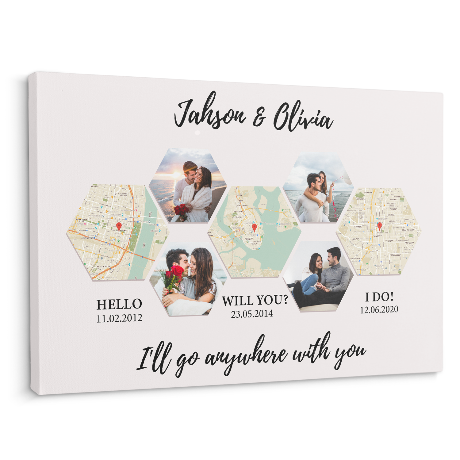 Customizable Map, Photos, Text Hexagon Style Wall Canvas