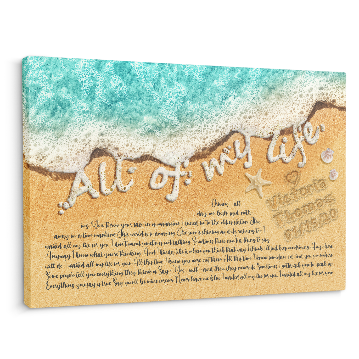 Custom Song Lyrics in The Sand Ocean Canvas Wall Art, Custom Name and Date