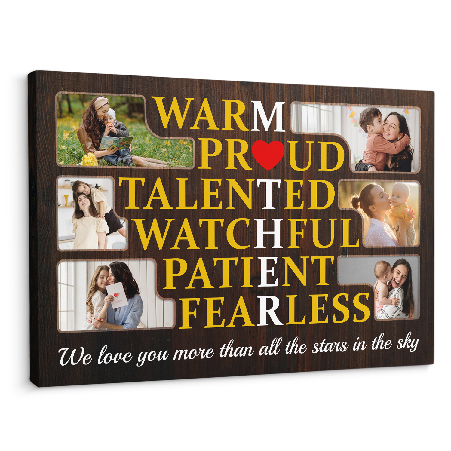 Warm, Proud, Talented, Watchful, Patient, Fearless, Mother Custom Photo Collage, Customizable Text Canvas Wall Art