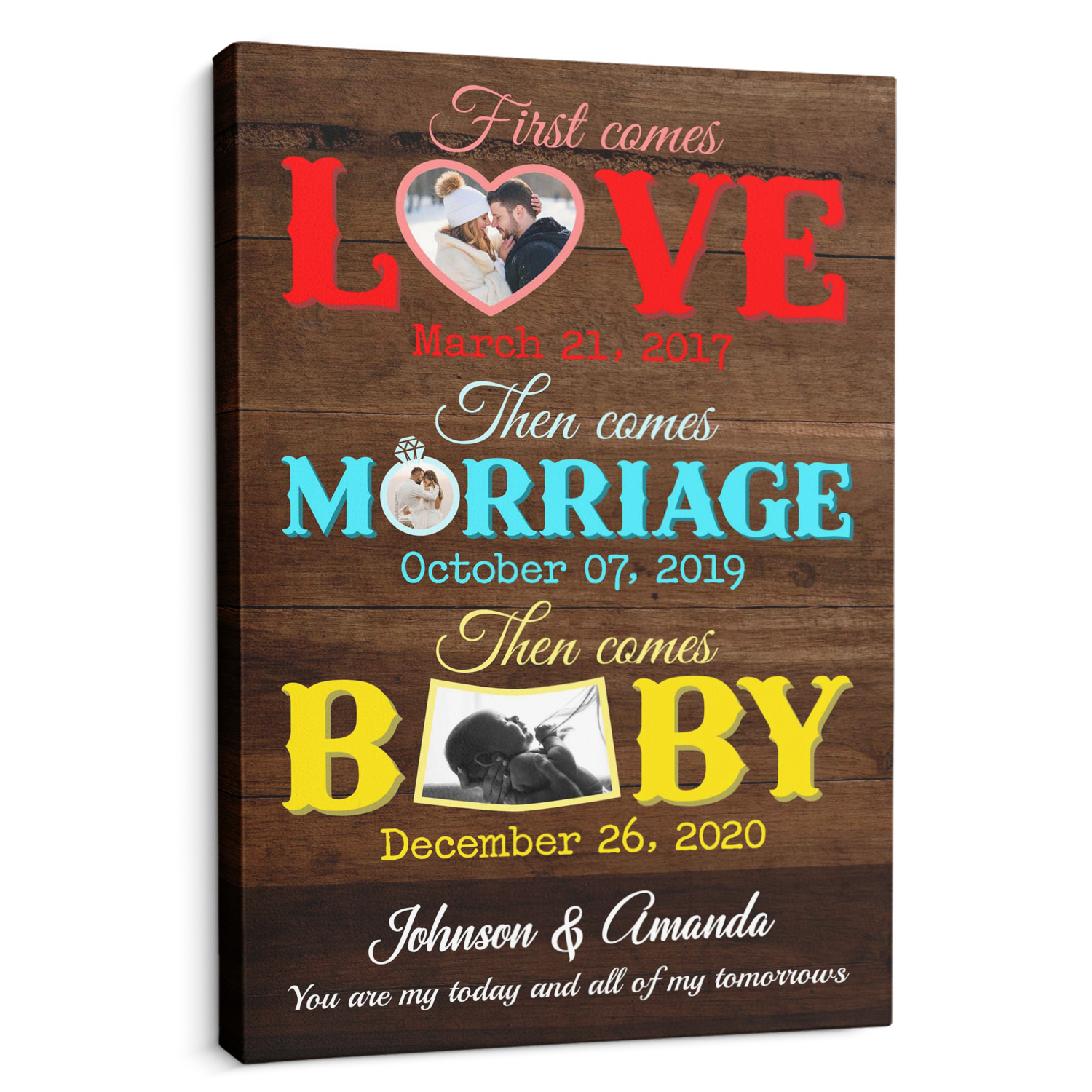 Love, Marriage, Baby, Custom Photo, Customizable Text Canvas Art Print