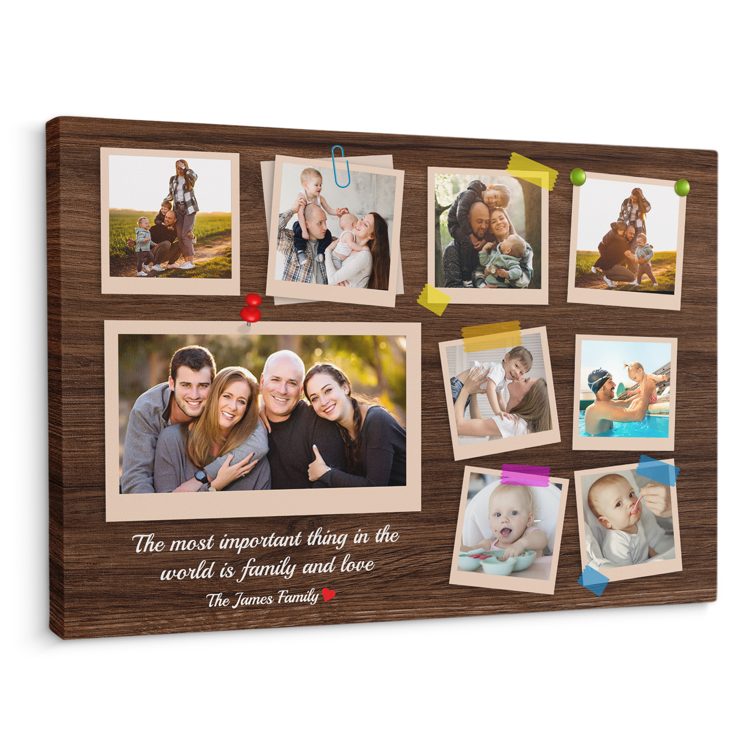 Family Custom Photo Collage - Customizable Dark Wood Background Canvas