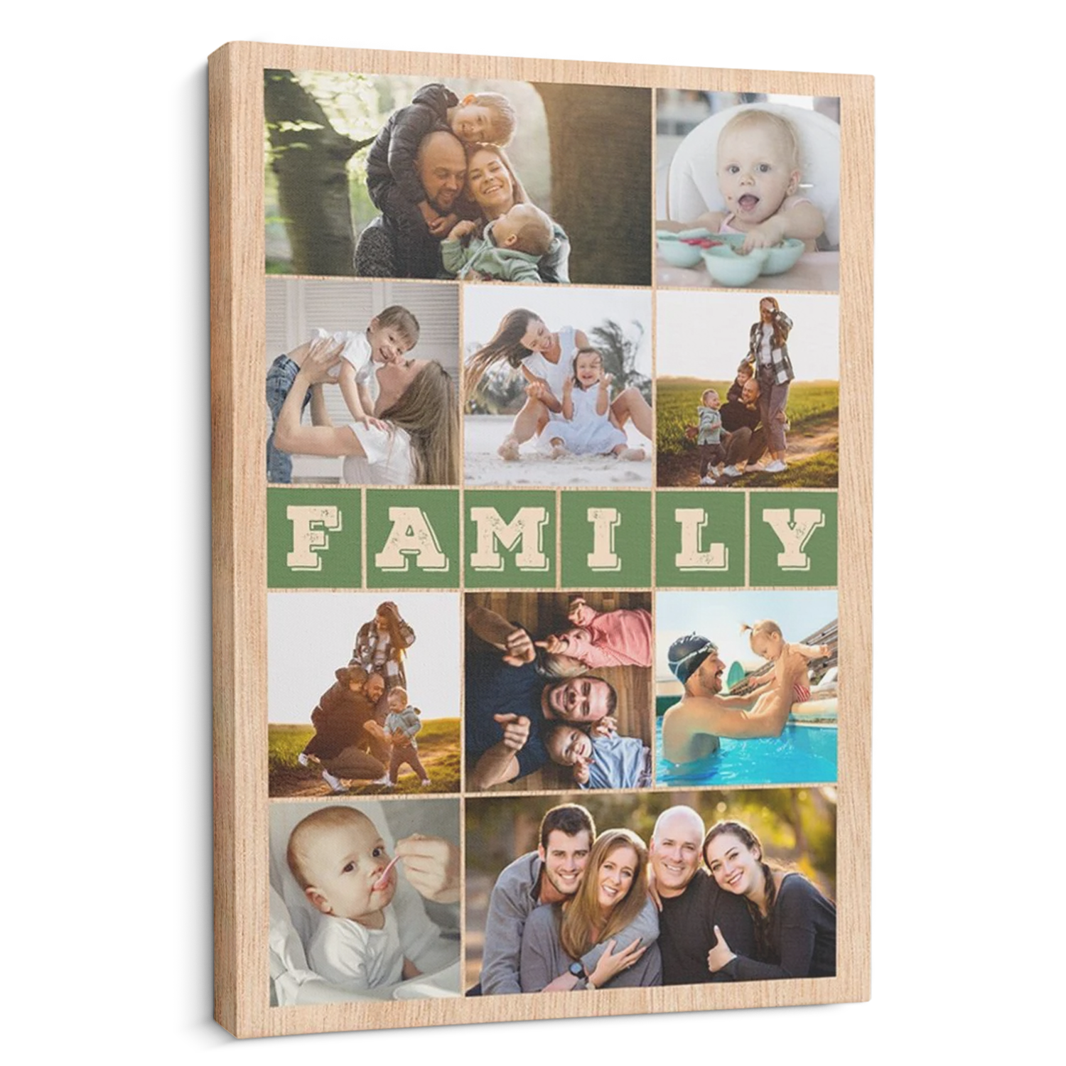 Family Custom Photo Collage Portrait Canvas - Customizable Light Wood Background