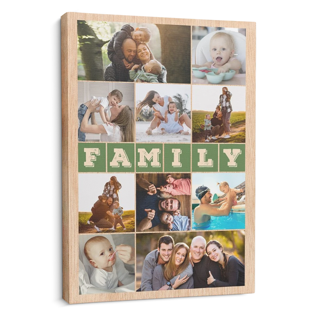 Family Custom Photo Collage Portrait Canvas - Customizable Light Wood Background