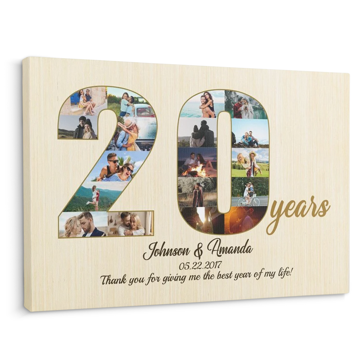 20th Wedding Anniversary Custom Photo Collage Light Wood Background Canvas