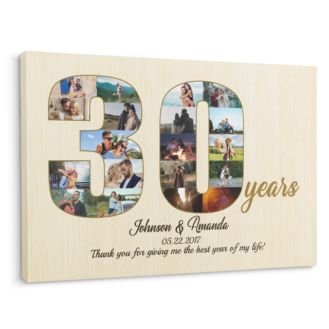 30th Wedding Anniversary Custom Photo Collage Light Wood Background Canvas