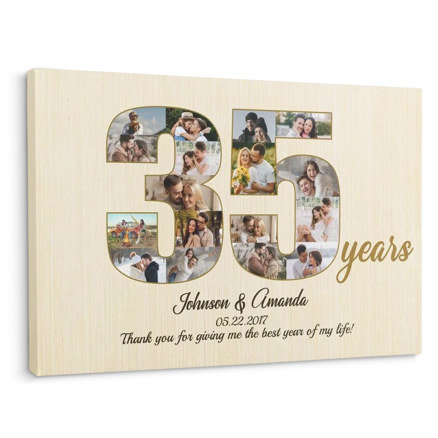35th Wedding Anniversary Custom Photo Collage Light Wood Background Canvas