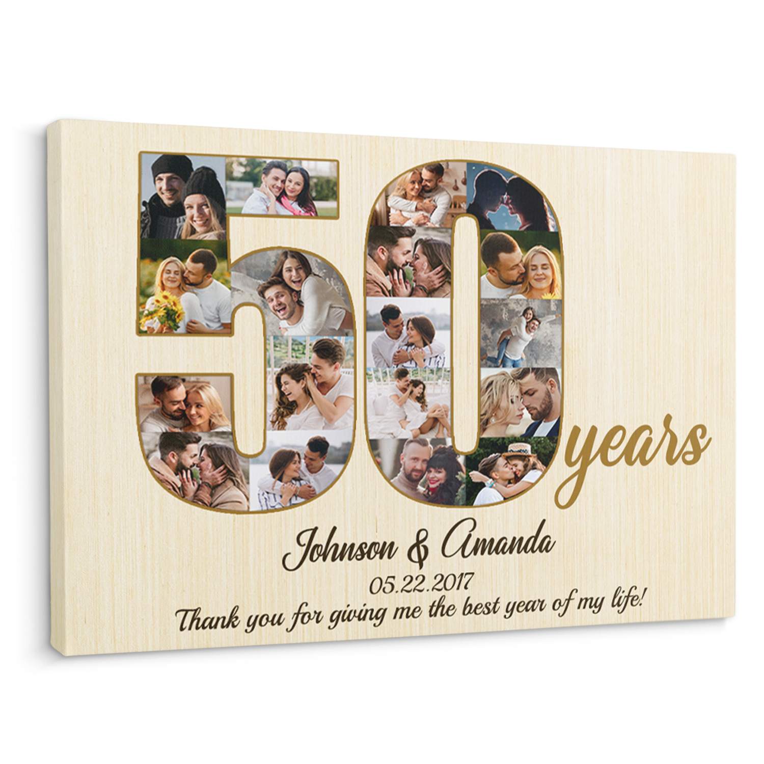 50th Wedding Anniversary Custom Photo Collage Light Wood Background Canvas