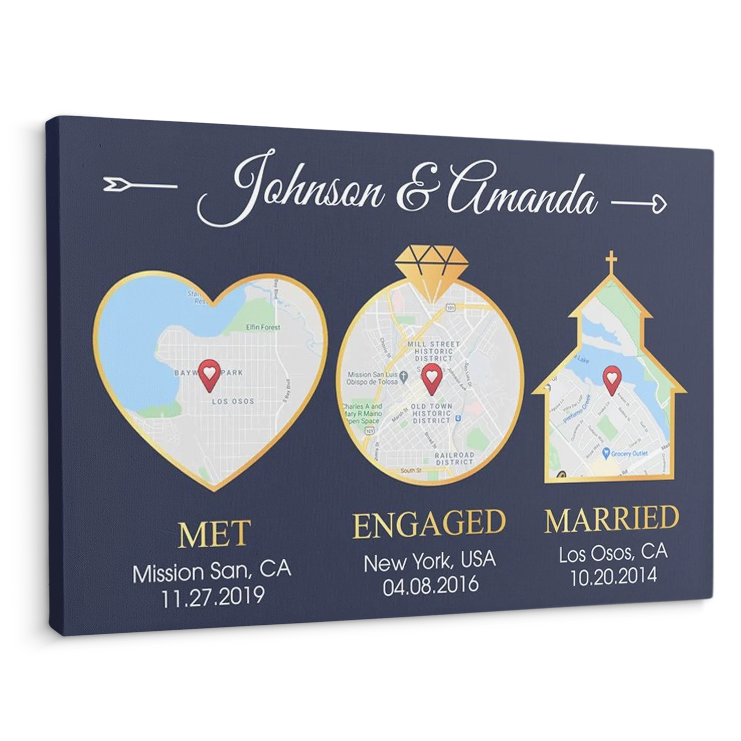 Custom Map And Text, Met Engaged Married Navy Background Canvas