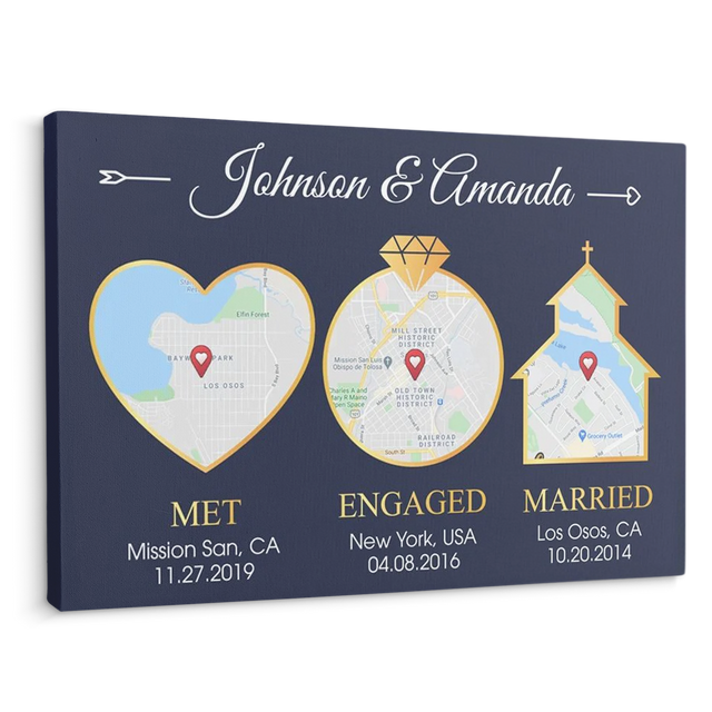 Custom Map And Text, Met Engaged Married Navy Background Canvas