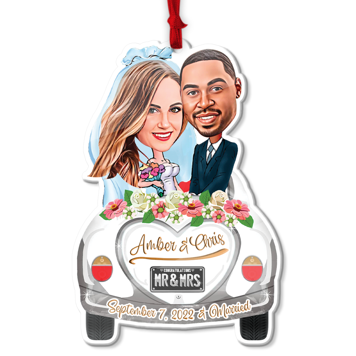 Custom Face From Photo, Married Couple in Car Christmas Shape Ornament 2 Sides