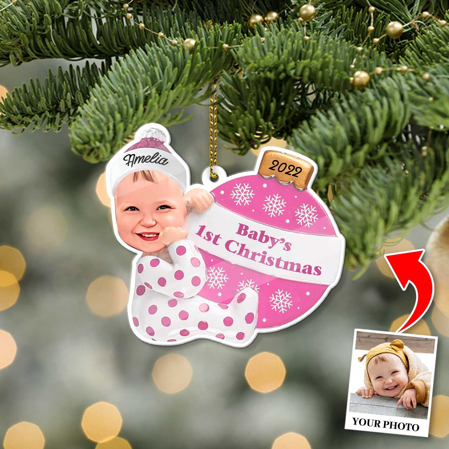 Personalized Name And Text, Ornament For Baby, Baby Girl's First Christmas, Christmas Bulbs, Christmas Shape Ornament 2 Sides